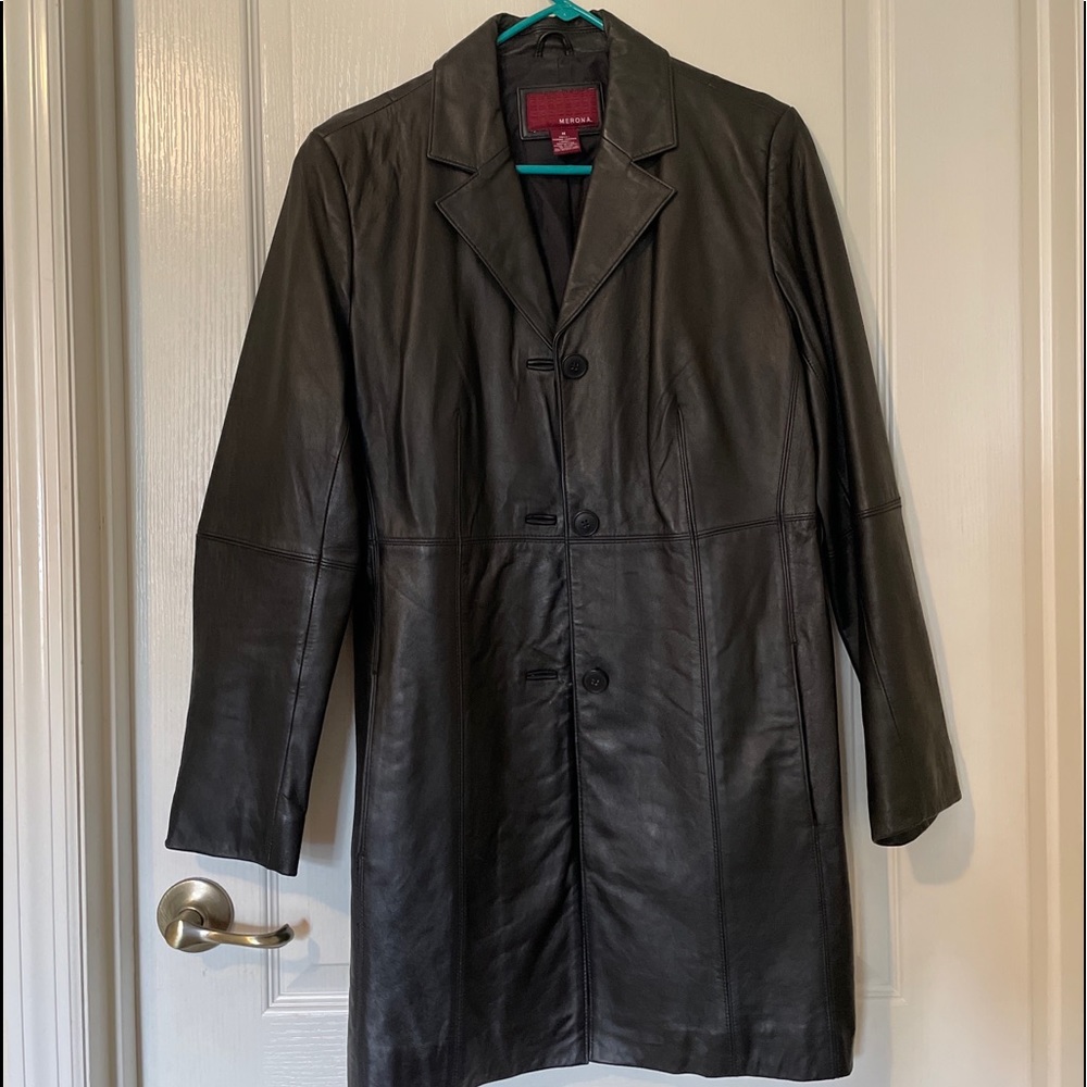 Merona Black Genuine Leather Fully Lined Button Front Jacket Size L